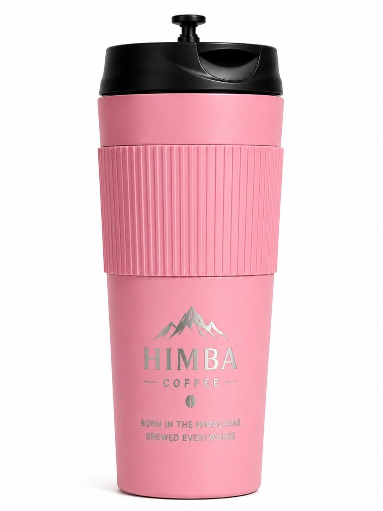 Himba Coffee Himalayan Pink tumbler with warm blush studio lighting