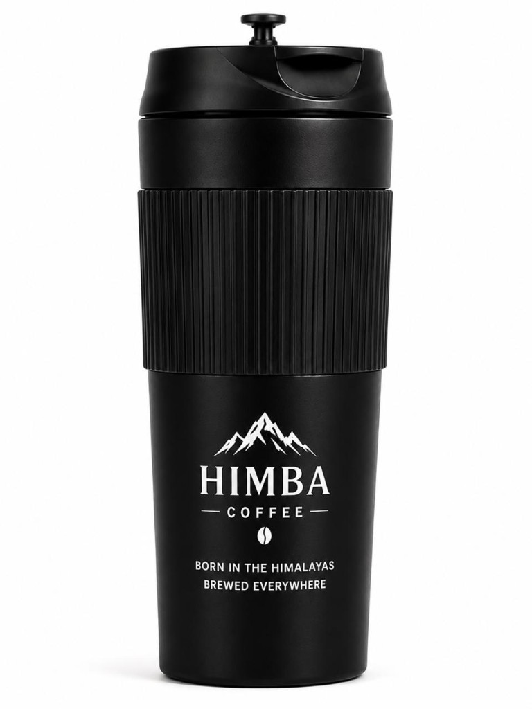 Himba Coffee Matte Black French Press tumbler against dark backdrop